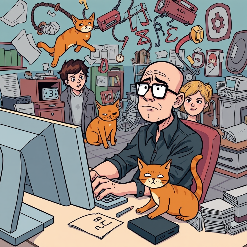 A bald, bespectacled man sitting in front of a computer at a desk, surrounded by a whirlwind of chaos, including a ginger cat, a young teenage boy, and his wife. The man looks confused.