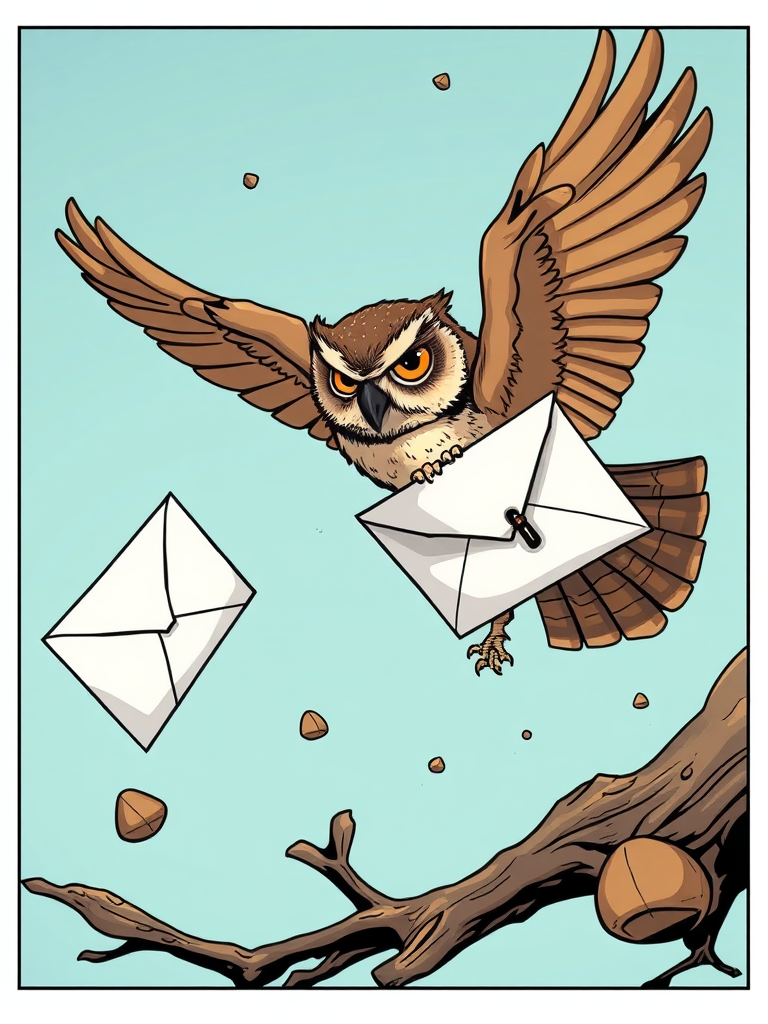 a brown owl flying, holding a white envelope in its claws