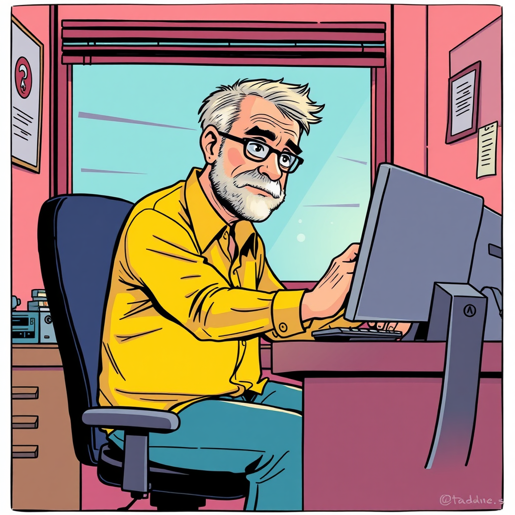 middle-aged man sat at a desk working with a computer
